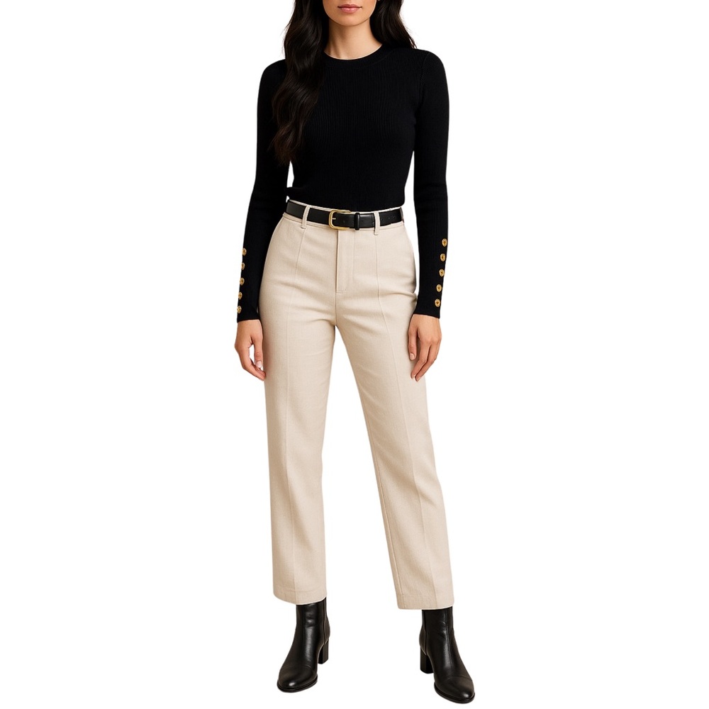 Love Token Rib Knit Sweater with Gold Button Sleeve Detail - M - Black, Gold